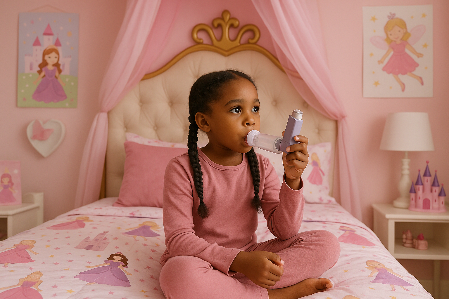 High resolution square image of a young girl in braids, sitting on her princess bed in a girly girls room. She is holding an inhaler with spacer.